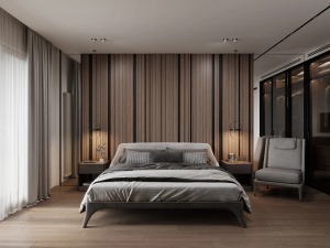 充满设计感的床头吊灯在整体竖向切割的线条中增添曲线，展现空间美学。床头的木饰面与原木地板简单大方，给