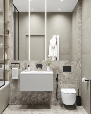 这个卫生间以浅色为主，运用灰色石材，玻璃，黑色边框的点缀，基于它的使用功能来考虑它的照明。