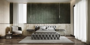 卧室以军绿色和米白色完美镶嵌，使空间温暖舒适。