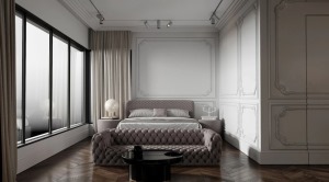 侧卧以粉色调为主，窗外的照料使空间温馨舒适。