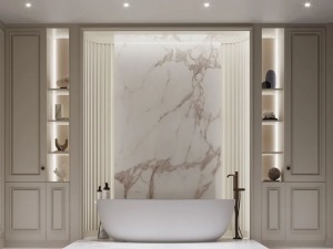 一大理石花紋為背景，和浴缸完美銜接，互相襯托，融為一體。