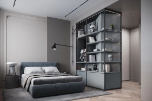 客房同樣具有造型簡潔，沉穩的配色方案，書架、書桌和床架都是深藍色調，空間結構的美觀和大方。