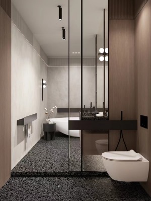 卫生间最好统一色调，在视觉上有扩大空间效果的作用，整体有一种干净整洁的感觉。镜子在卫生间中的使用是必
