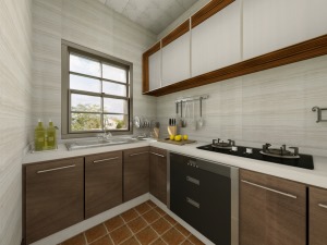 厨房：厨房并没有与其他房间统一设计风格，因为在这里实用性比外观性更重要。包括防滑地砖、多功能橱柜，可