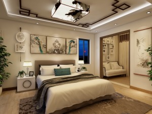 主卧采用了新中式的装修分格，使得房间清爽有活力。