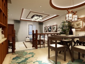 餐厅新中式的桌椅和地毯，为生活带来勃勃生机。