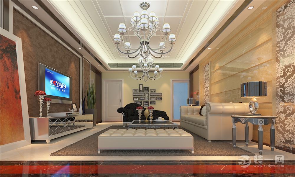 客厅素材用料不多，但组合在一起却是大气富丽的效果，暖色系的用色使家居环境更温暖人心