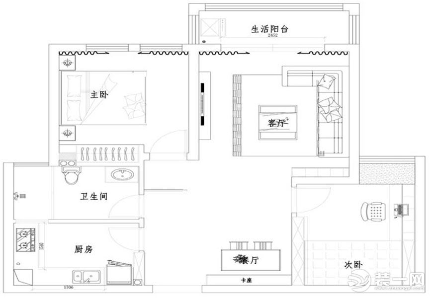 鄭州水平線(xiàn)裝飾-海馬公園兩居室裝修-戶(hù)型平面布局圖