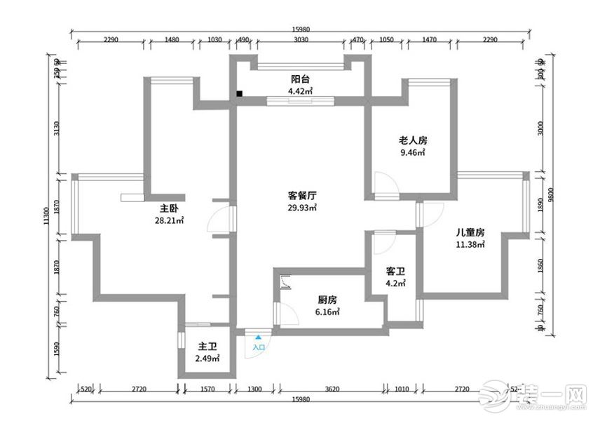 郑州水平线装饰-润城时光里三居室-户型图