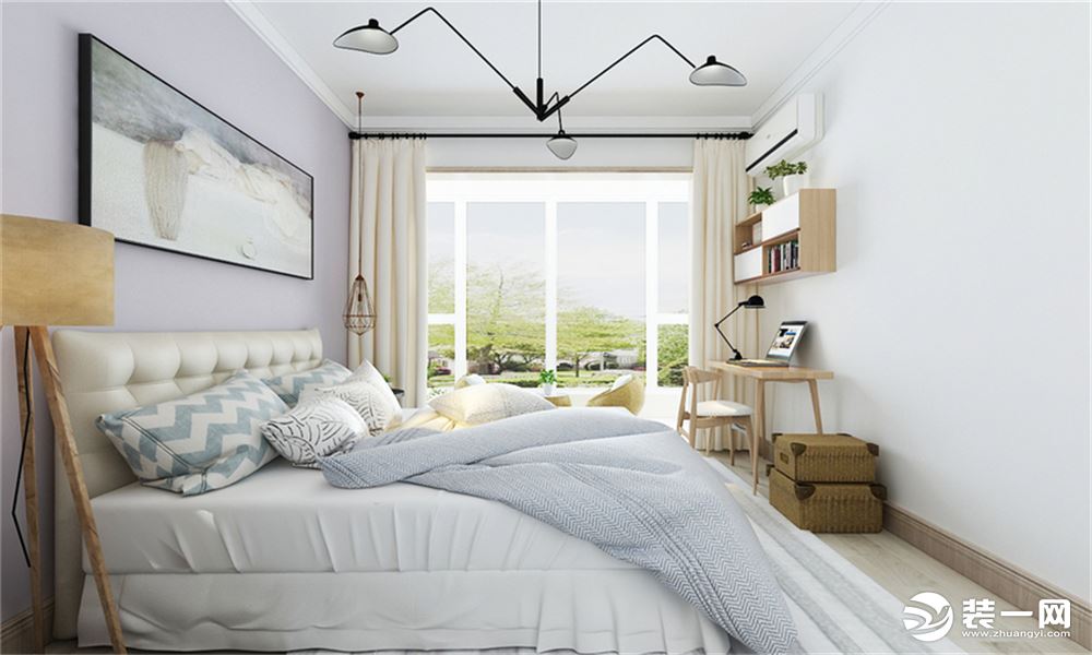 卧室采用原木与纯白色搭配，不可以遗落的是玻璃窗带来的无限景色。
