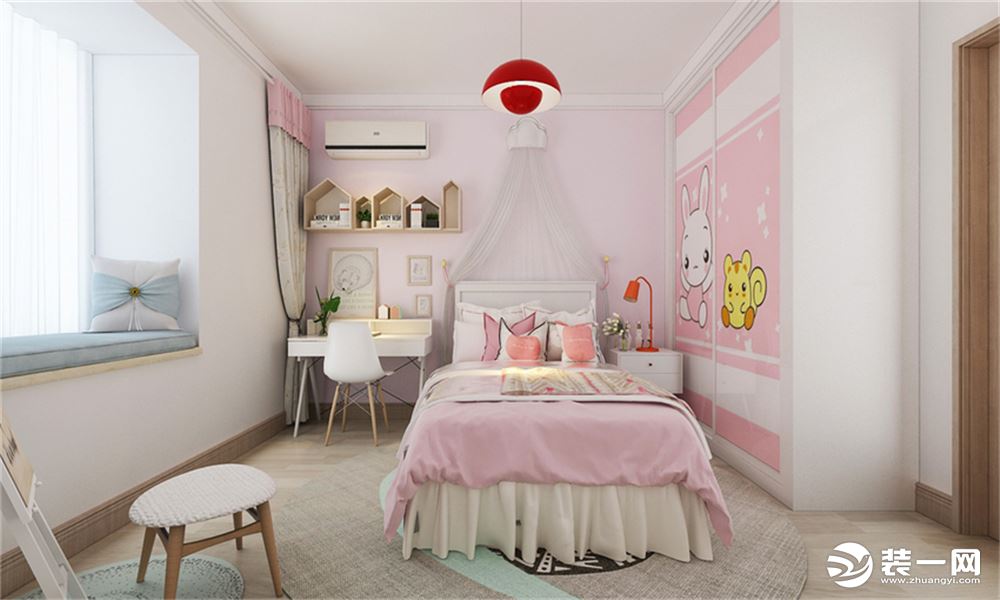 儿童房摒弃原有棉麻饰品，粉色与红色，给小孩子完成儿童时期的公主梦