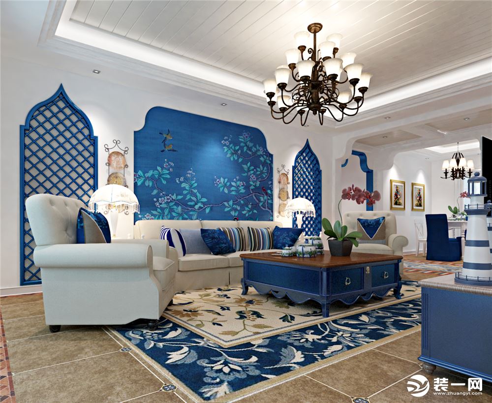 客厅 本设计案例为地中海风格，采用榉木手扫漆工艺，白色的固定家私，配上局部深色活动家私