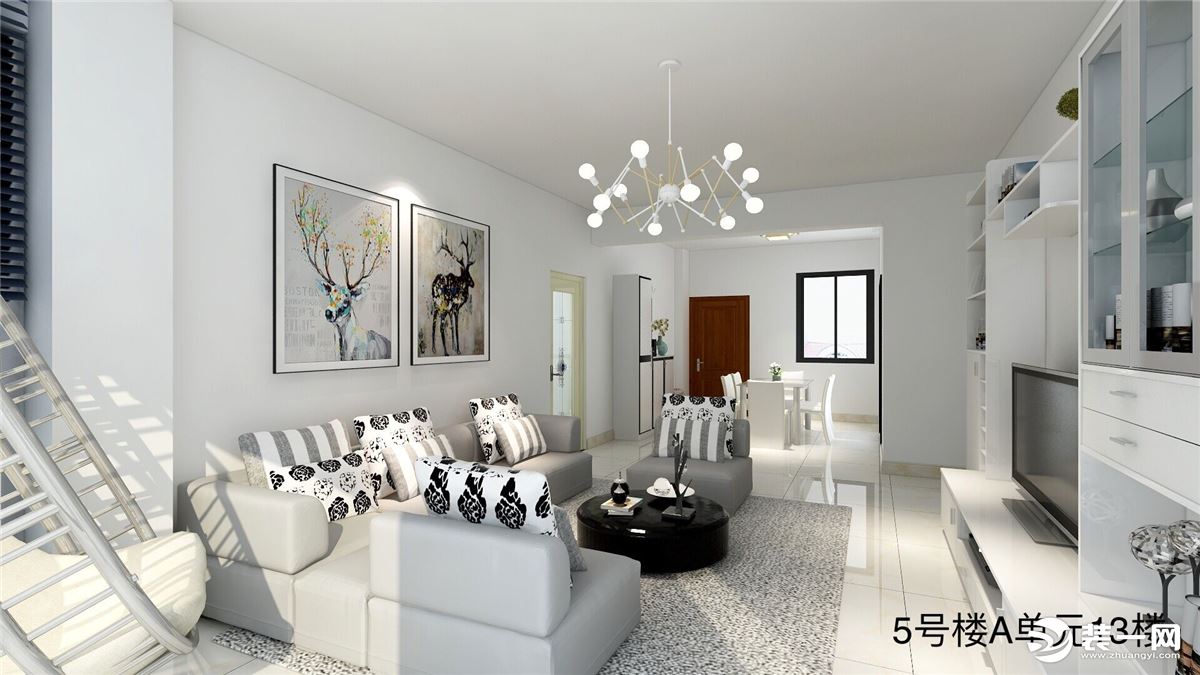 房子装修风格为简约式即白色的墙面线条简练的家具，整体感觉明亮清爽。