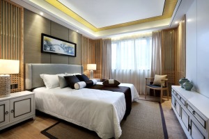 卧室：保持与客厅一致的格调搭配，天然木纹饰面与麻灰墙纸色彩协调，浅灰的床品装饰质感极佳，飘窗的改造让