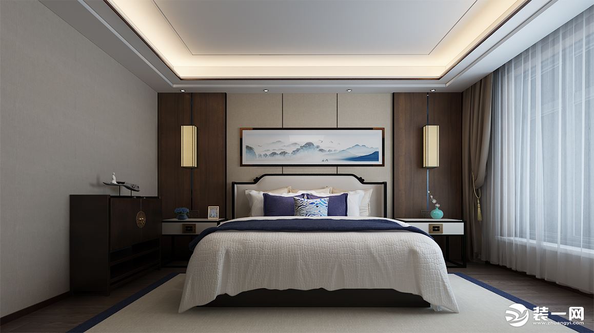 卧室简洁的大床，暖灰色的墙面，深色的木地板，家具线条也没有过多的装饰，也提升了空间的品质