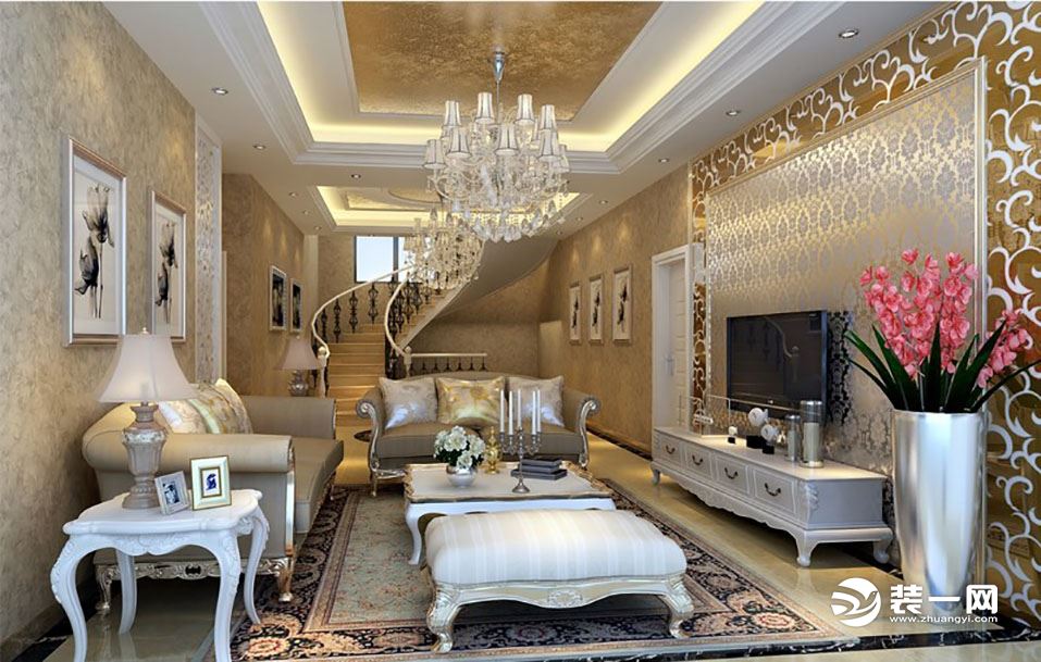 欧式客厅，金黄色为主，后现代欧式设计，贵气不乏时尚。