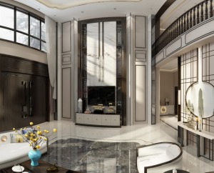 360平米新中式风格别墅客厅全景效果图