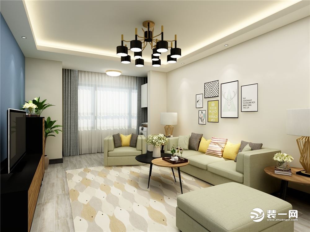 客厅是北欧的冷色系和现代的高级灰融合，耐脏的亚麻色木纹地板。