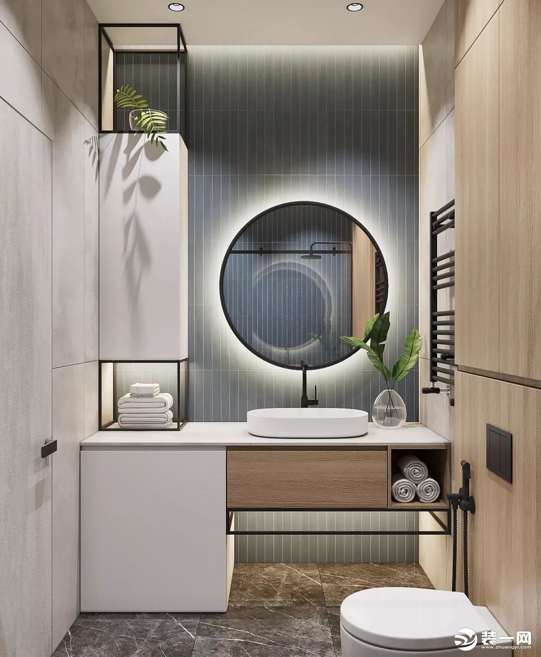 主卫的洗手台是放在了卫生间的门外，地面的创意地砖可以延伸空间视觉感。淋浴房内做上壁龛来辅助收纳，使用