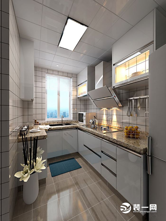 橱柜  白色橱柜使厨房显得干净整洁、墙上吊柜的悬浮感也让厨房质感变得轻盈，节省空间的同时还增加了储物