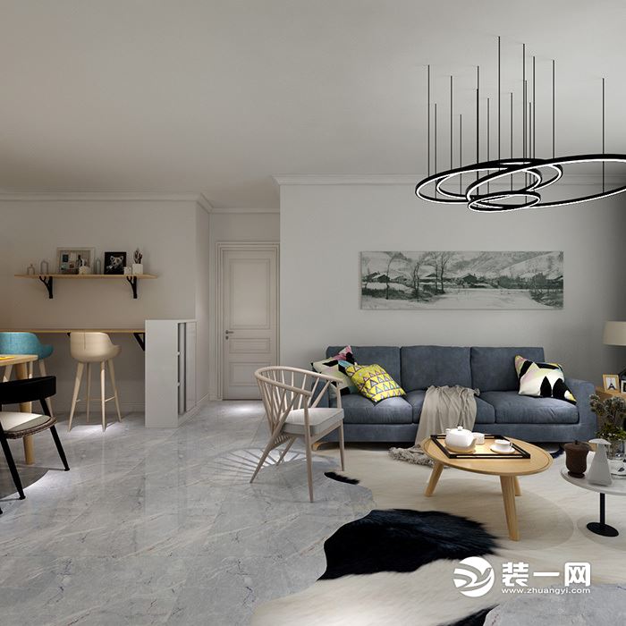 客厅  灰色地砖与白色墙面，搭配灰蓝色布艺沙发、组合茶几与设计感强的吊灯，黑白色地毯做点缀，让整个空