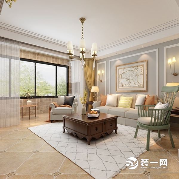 复古砖  让客厅兼具硬朗与淡雅，布艺沙发和实木茶几舒适实用