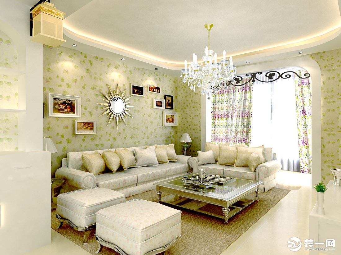 一抹草绿色的沙发背景墙，给人清新舒适的感觉，局部墙面及布艺家具采用小碎花的元素，更是体现了浪漫田园风