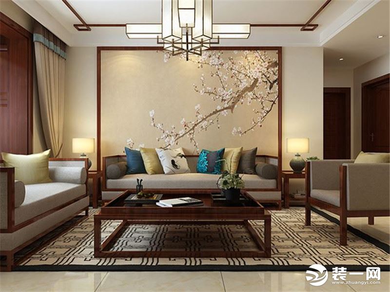108平米中式风格沙发背景墙装修图