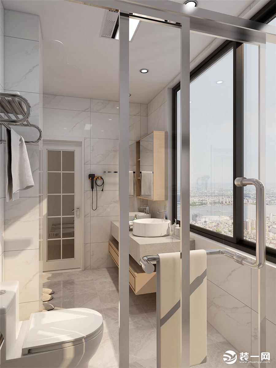 现代简约风格淋浴区，透明玻璃门作为干湿区的隔断，空间也显得透亮。