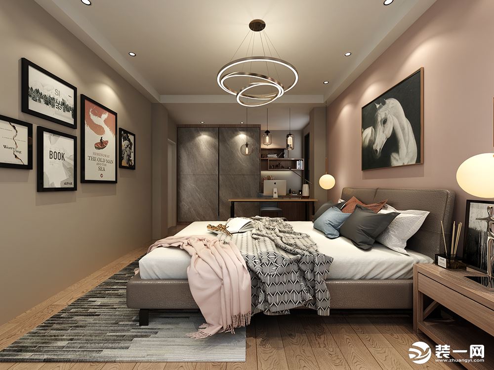 现代简约风格卧室，藕粉色的色调搭配，金属质感的点缀，让卧室多了一丝轻奢感。