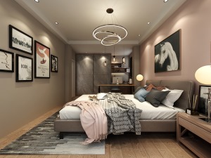 现代简约风格卧室，藕粉色的色调搭配，金属质感的点缀，让卧室多了一丝轻奢感。