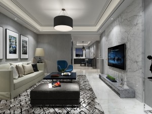 客厅、电视背景采用大理石，整体色调偏灰，干净简洁。