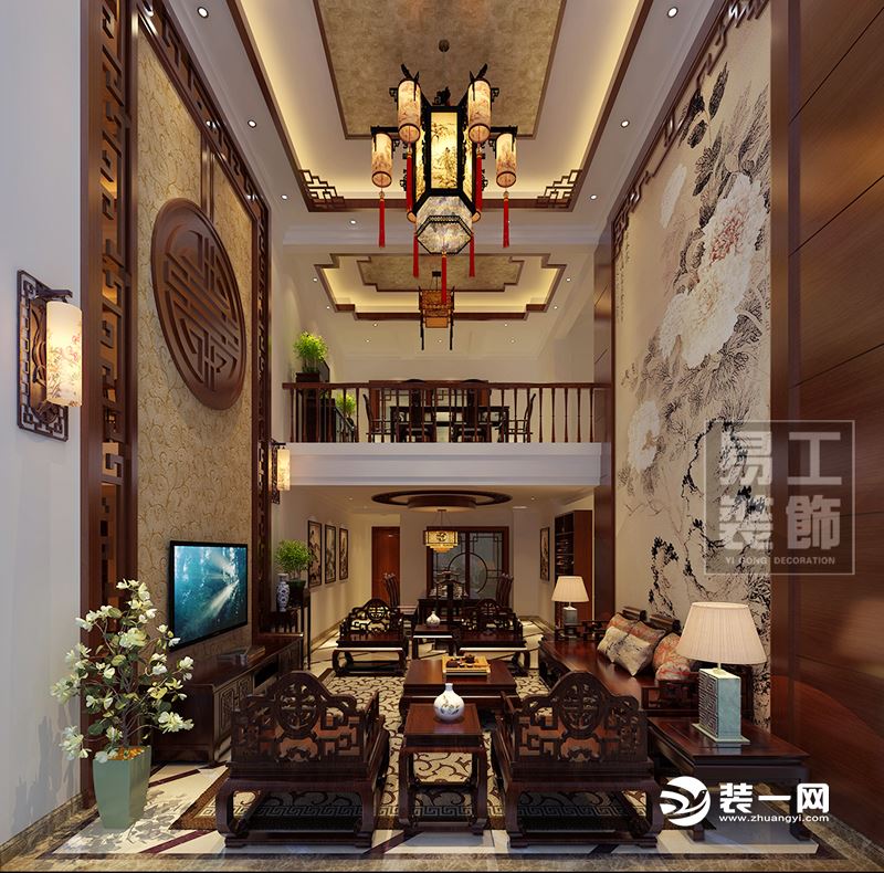 客厅 本案客厅效果图，雕花，中国国画，以及现代硅藻泥材质让中式风格展现得淋漓尽致。