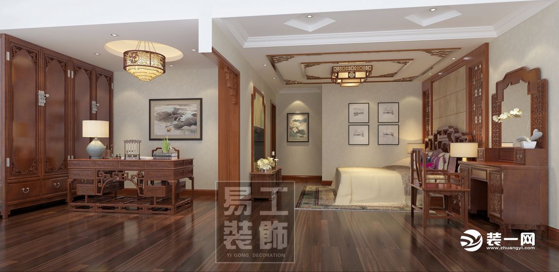 卧室 本案主卧效果图，雕花，中国国画，在卧室得到延续，得到升华。