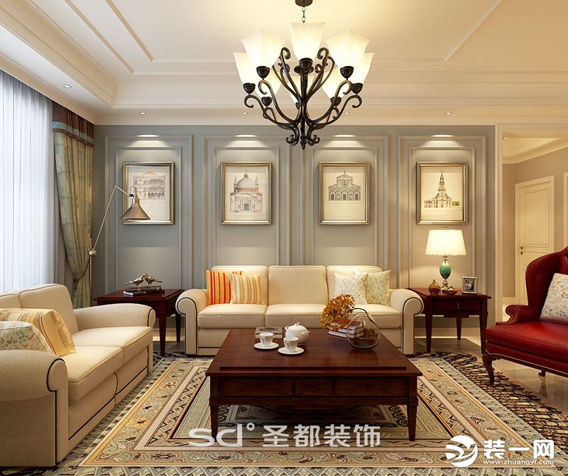 十里明珠  四居室 美式风格  客厅实景图
