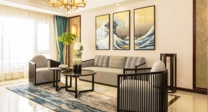 中国元素线条感十足的沙发与渐变地毯相互衬托，柔和的自然光线透过落地窗折射出的光影在墙画上更是锦上添花