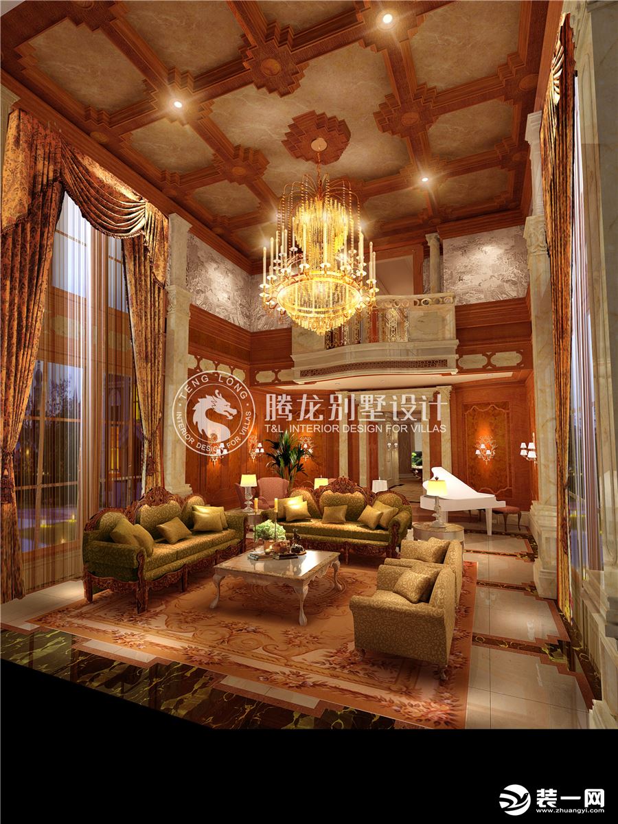 挑空的客厅采用了欧式古典的装修风格极尽奢华之美感，大量了采用了天然的石材和木材，工匠们更是精雕细作。