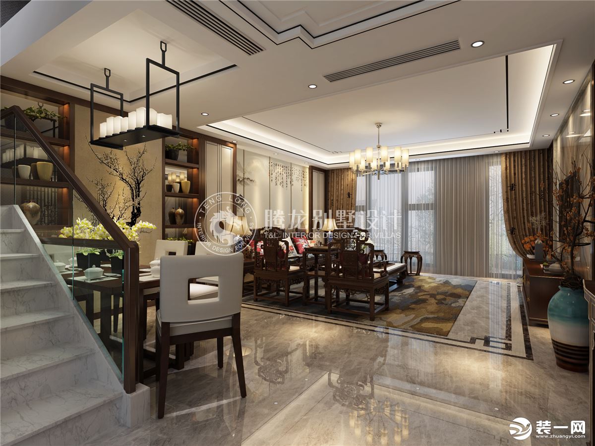 湖畔天下别墅项目装修新中式风格设计案例展示，上海腾龙别墅设计作品，欢迎品鉴