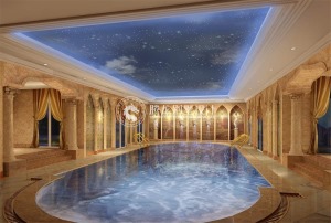 游泳池是整个别墅最具特色的地方，采用了具有异域风格的装饰元素，蛮墙的天然大理石，伊斯兰风格的柱式，喷