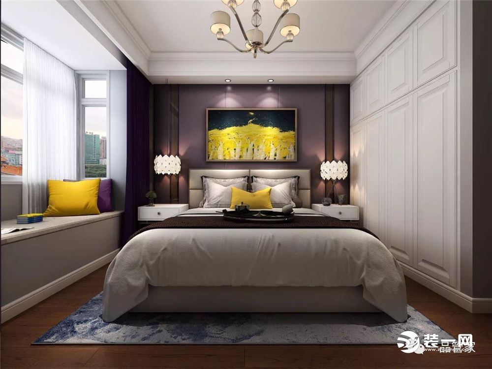 主卧粉紫色的背景墙搭配风景装饰画，温馨舒适的氛围充满整个卧室。