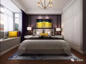 主卧粉紫色的背景墙搭配风景装饰画，温馨舒适的氛围充满整个卧室。