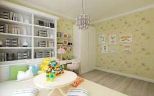儿童房——黄色靓丽温馨，符合儿童的审美及心理需求。花色壁纸满是童趣，造型别致的吊灯更深得儿童喜欢，书
