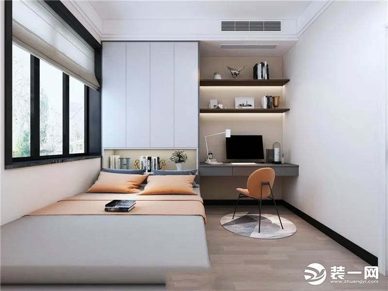 次卧灰白搭配的榻榻米及书桌，有橙色椅子及床上用品增加了空间的层次感。