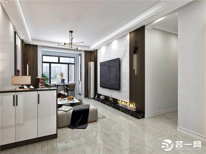 客厅采用灰色地砖铺贴，整体空间以金属、皮革的中性色调为主，搭配浅色家具让整个空间更生动立体。