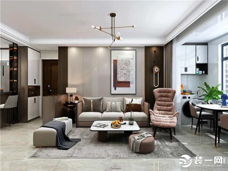 沙发墙区域采用护墙板?金属边条搭配设计，处处体现一种舒适、优雅的生活态度，同时不失品位和高贵。