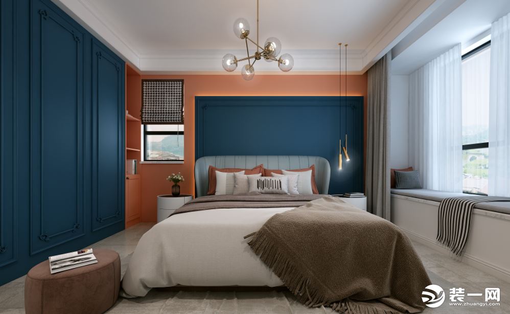 卧室背景墙采用蓝色为主，加上一些橙色，给整个房间增添了温馨浪漫的气氛。