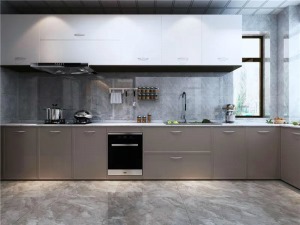 廚房的櫥柜運用上下櫥柜不同色的分體設計，上面白色的櫥柜作為廚房的亮色，點亮空間使空間有延伸感不壓抑。