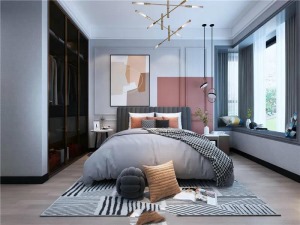 主卧的床头背景设计新颖，和传统背景不同部分区域的粉红色块，点亮整个卧室空间，让整体空间变得灵动有活力