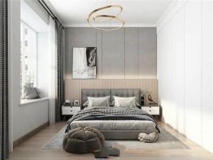 卧室整体极简干练风格，灰色背景墙搭配同色系床品