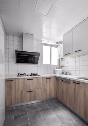 厨房地面采用灰色的防滑砖，不仅防滑又耐脏，橱柜同样也是延伸了客厅和主卧的色调既是木色+白色，而墙面采